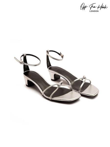 Off The Hook Silver Holborn Low Block Heel Leather Ankle Strap Sandals (H47346) | €59