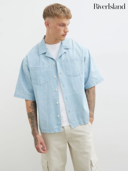 River Island Blue Regular Fit Paisley Denim 100% Cotton Shirt (H47363) | €53