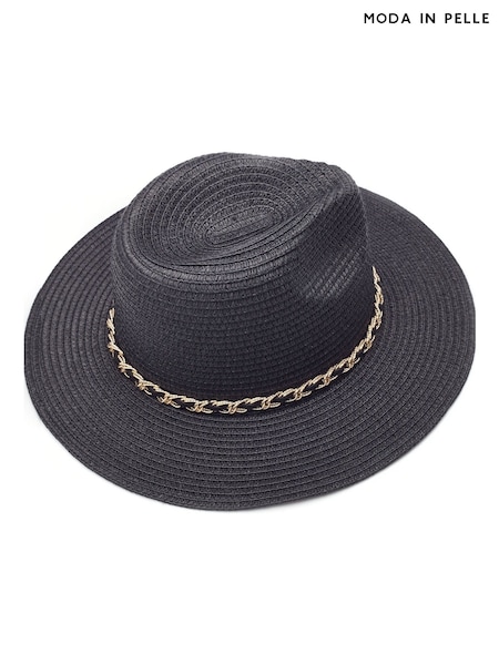 Moda in Pelle Portofino Straw Black Hat With Chain Trim (H47460) | €41