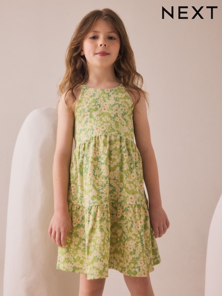 Light Green Flower Print Strappy Crinkle Summer Dress (3-16yrs) (H47689) | €15 - €21.50