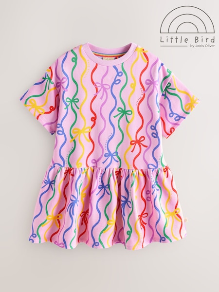 Little Bird by Jools Oliver Pink Ribbon Print 1/4 Sleeve Sweat Dress with Dropped Hem (H47838) | $55 - $70