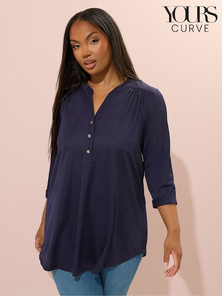 Yours Curve Blue Half Placket Ribbed Blouse (H48142) | 144 QAR