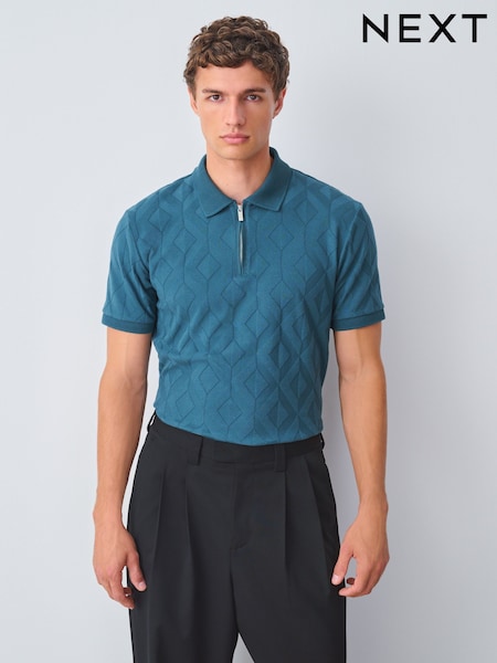 Teal Blue Regular Fit Smart Jaquard Polo Shirt (H48249) | 148 QAR