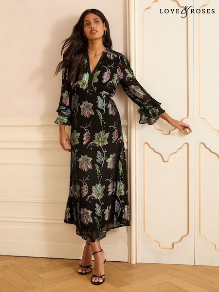 Love & Roses Black Leaf Metallic V-Neck Midi Dress (H48266) | SGD 153