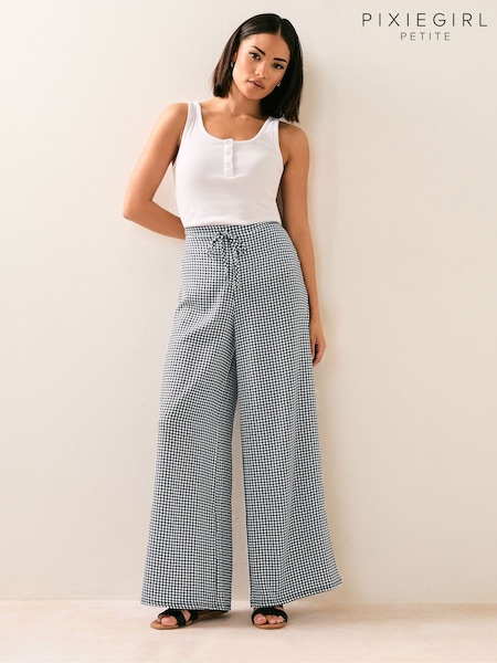 PixieGirl Petite Black Gingham Checked Wide Leg Trousers (H48316) | ₪156