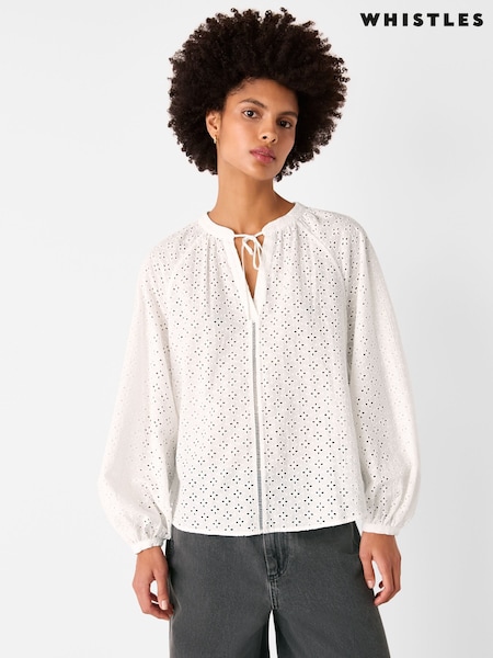 Whistles White Broderie V-Neck Blouse (H48432) | ₪498