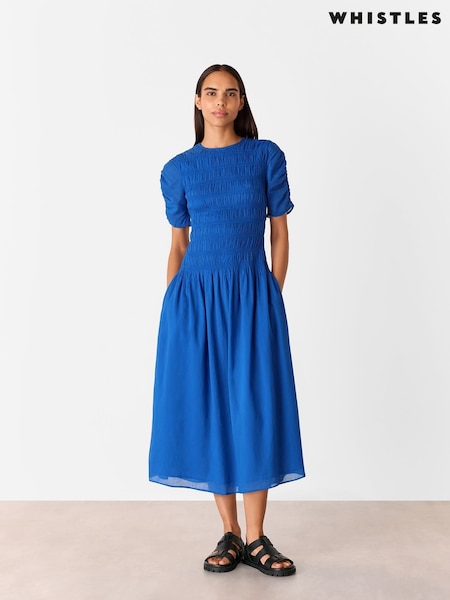 Whistles Blue Avery Smocked Dress (H48433) | €190
