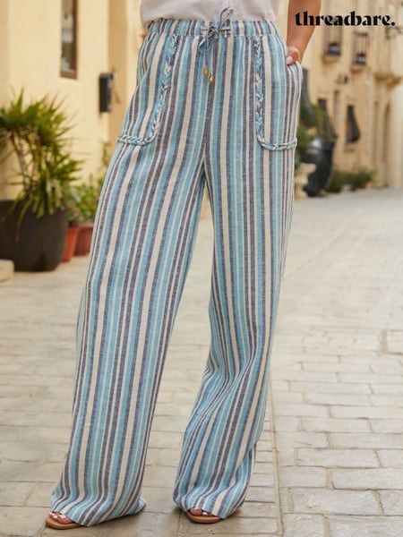 Threadbare Blue Striped Braided Pocket Detail Linen Blend Wide Leg Trousers (H48475) | 2,403 UAH