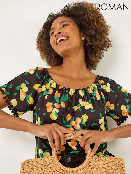 Roman Fruit Printed Pom Pom Trim Bardot Blouse (H48495) | R$ 385