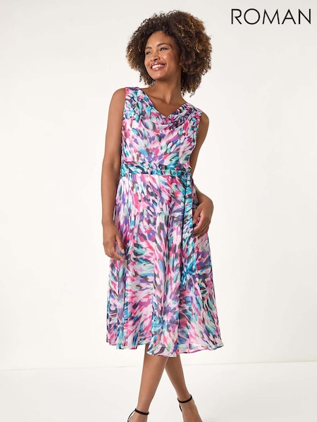 Roman Multi Abstract Print Chiffon Cowl Neck Dress (H48509) | 272 QAR