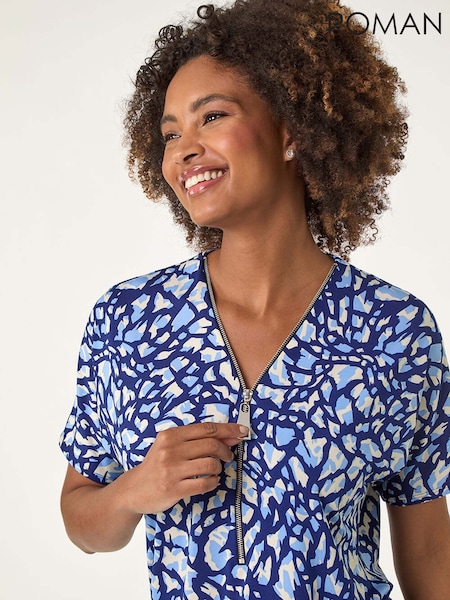 Roman Blue Abstract Print Zip Front Stretch Blouse (H48511) | €56