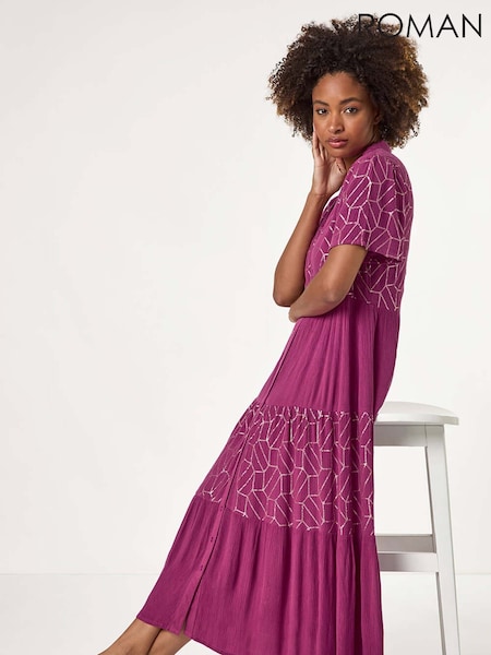 סגול - Roman Foil Print V-Neck Button Midi Dress (H48516) | ‏365‏₪
