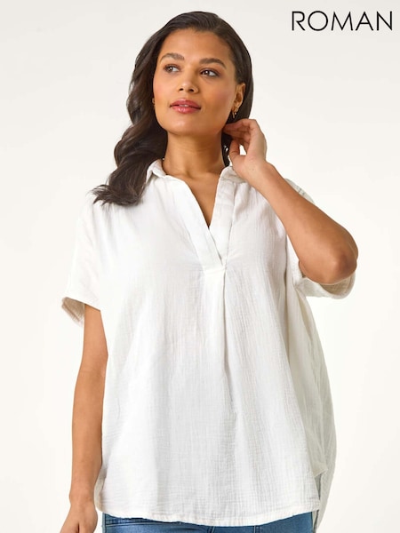 Roman White Collared V-Neck Pleated 100% Cotton Blouse (H48517) | €40