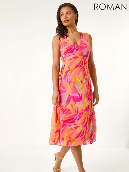 Roman Pink Floral Print Wrap Chiffon Midi Dress (H48522) | 346 QAR