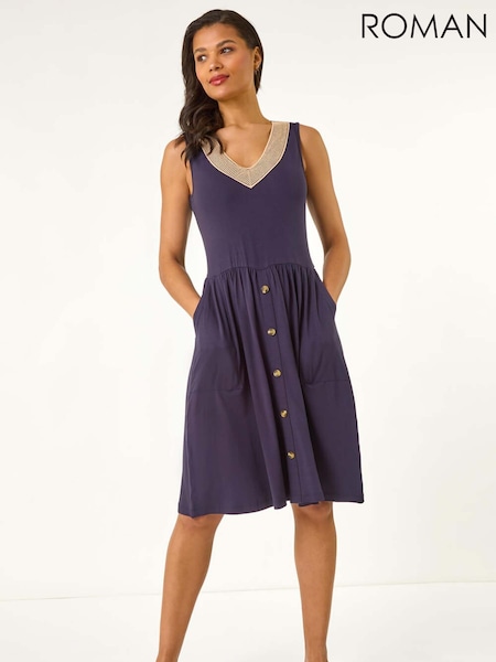 Roman Blue Contrast V-Neck Stretch Midi Dress (H48532) | ₪264