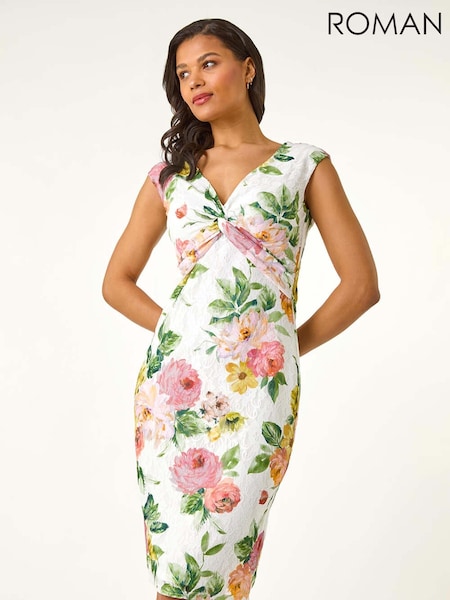 Roman Pink Rose Print Lace Knot Stretch Dress (H48533) | €92