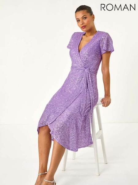 Roman Purple Sequin Wrap Front Midi Dress (H48536) | €100