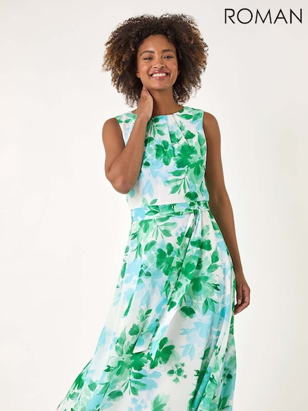 Roman Floral Pleated Neck Midi Dress (H48537) | 78 €