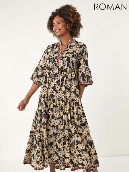 Roman Black Floral Print Border 100% Cotton Maxi Dress (H48540) | €78