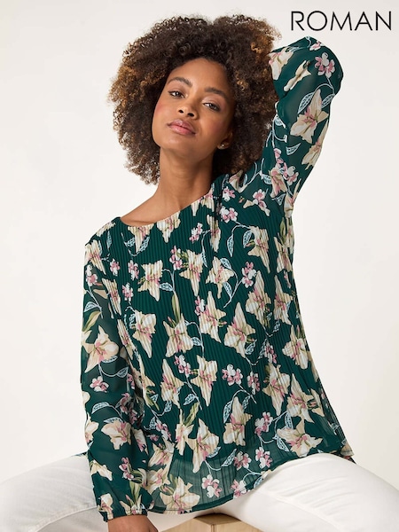 Roman Green Floral Print Pleated Top (H48541) | 278 QAR