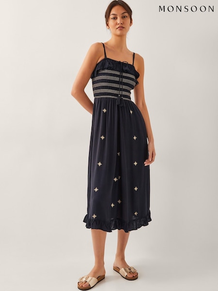 Monsoon Black Blair Embroidered Frill Midi Dress (H48546) | €87