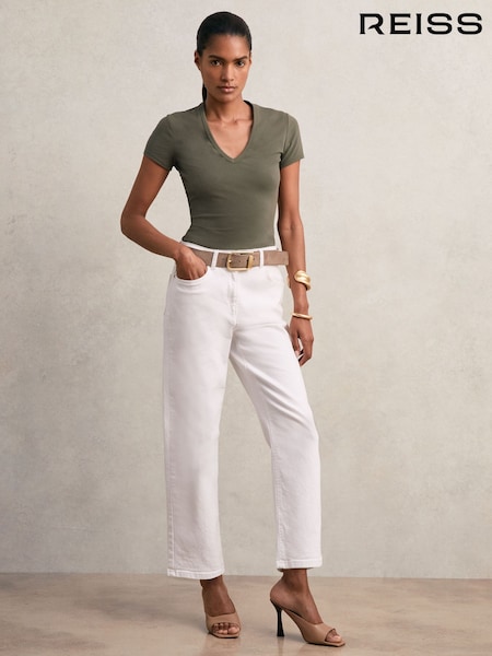 Reiss Khaki Green Leia Stretch Cotton V-Neck T-Shirt (H48587) | €55