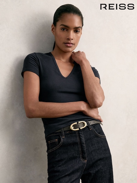 Reiss Navy Leia Stretch Cotton V-Neck T-Shirt (H48599) | 294 QAR