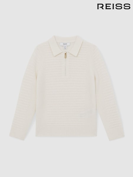 Reiss Off White Hamilton 13-14 yrs Wool Waffle-Knit Half-Zip Polo Shirt (H48606) | €73