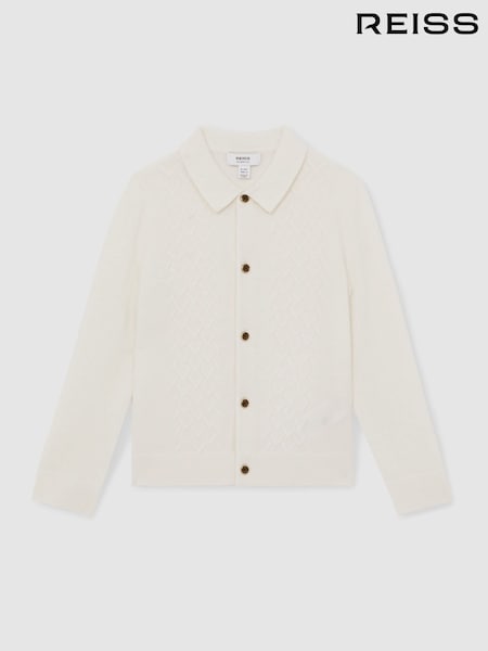 Reiss Off White Gideon 13-14 yrs Wool V-Stitch Button-Through Cardigan (H48610) | €73