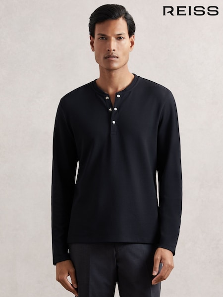 Reiss Navy Carmello Textured Grandad-Collar Henley Shirt (H48615) | 809 QAR