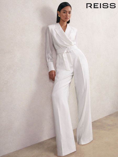 Reiss Ivory Flora Sheer-Sleeve Wide-Leg Tuxedo Jumpsuit (H48620) | AED1,786