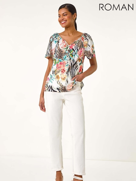 Roman Pink Animal Floral Print Notch Neck Blouse (H48669) | €42