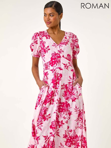 Roman Pink Button Through Floral Print Shirred Midi Dress (H48673) | €71