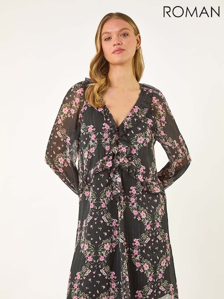 Roman Black Floral Print Frill Dress (H48675) | €92