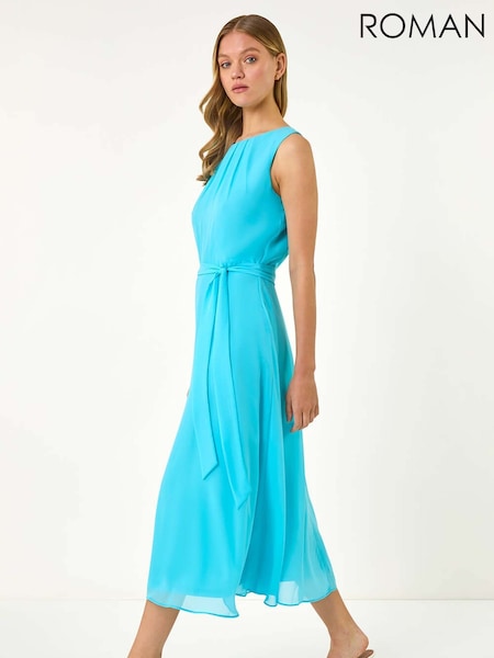 Roman Blue Ground Chiffon Pleat Neck Midi Dress (H48680) | 247 QAR