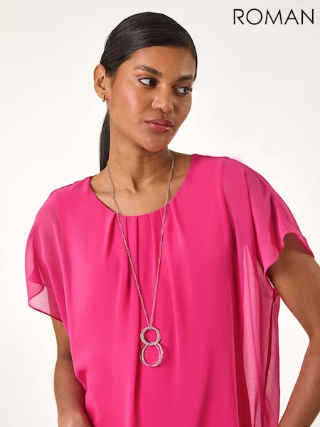 Roman Chiffon Jersey Blouson Blouse with Necklace (H48686) | 57 €