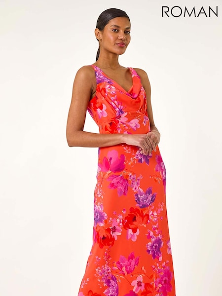 Roman Orange Floral Cowl Neck Midi Dress (H48689) | €86
