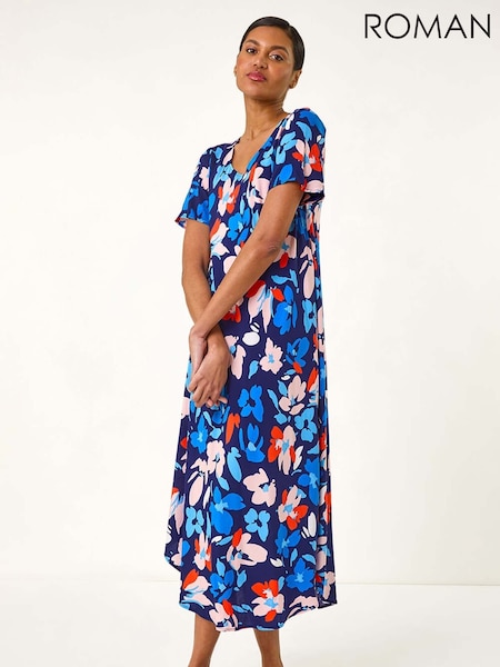 Roman Blue Floral Print Asymmetric T-Shirt Dress (H48691) | R$ 545