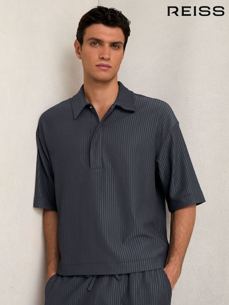 Reiss Petrol Blue Tobi Oversized Textured Stripe Polo Shirt (H48775) | €145