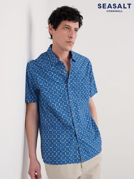 Seasalt Cornwall Light Blue Mens Barque Short Sleeve 100% Organic Cotton Shirt (H48855) | €95