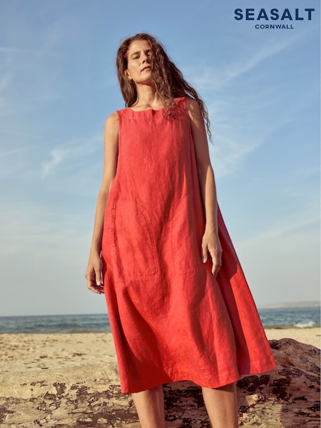 Seasalt Cornwall Orange Cresting Waves Sleeveless 100% Linen Dress (H48865) | €114