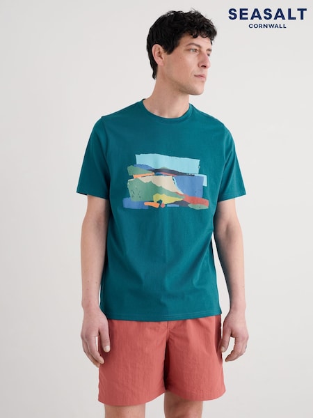 Seasalt Cornwall Teal Blue Mens Midwatch 100% Cotton T-Shirt (H48875) | €47