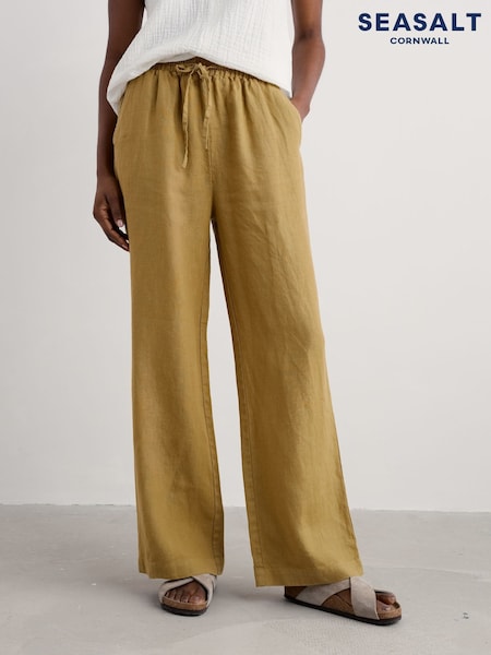 Seasalt Cornwall Green Ground Tide Flow Wide Leg 100% Linen Trousers (H48897) | ₪382