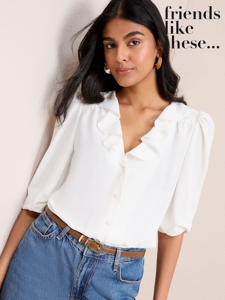 Friends Like These Cream 3/4 Sleeve Ruffle Button Blouse (H48953) | R$ 295