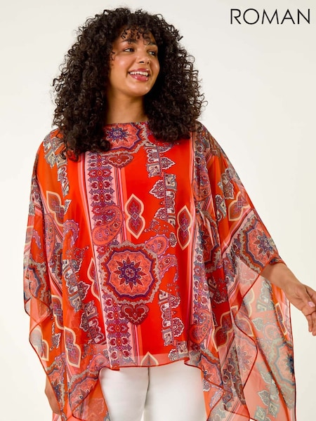 Roman Red Curve Ikat Paisley Asymmetric Overlay Blouse (H49027) | €58
