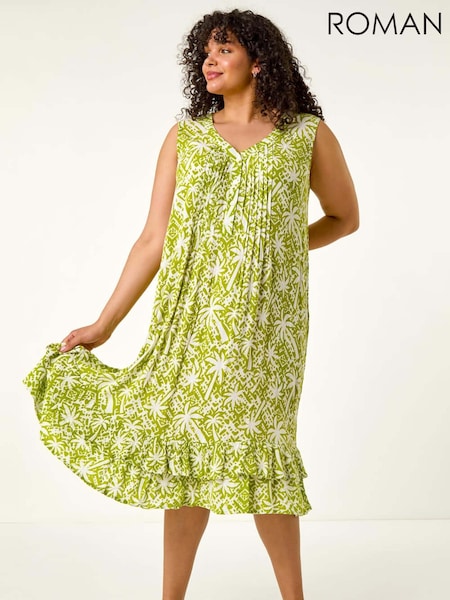 Roman Green Curve Palm Print Peated V-Neck Dress (H49030) | €63