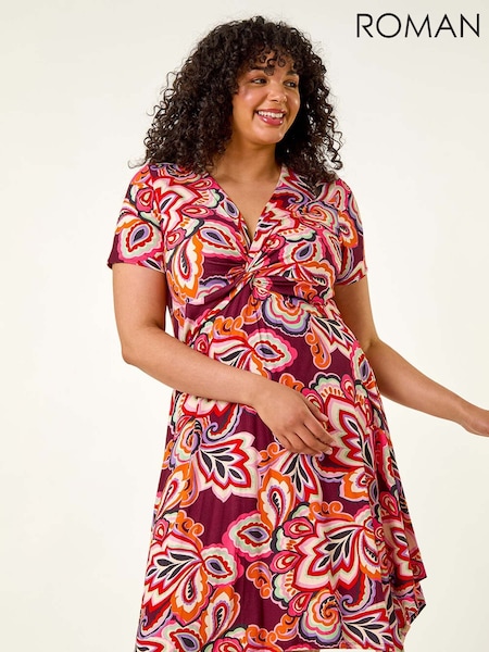 Roman Purple Curve Floral Print Twist Front Dress (H49033) | $118