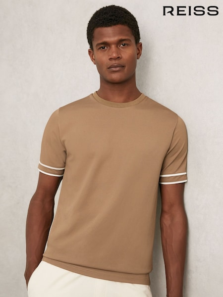 Reiss Camel Brown Oscar Textured Crew-Neck Tipped T-Shirt (H49042) | €95