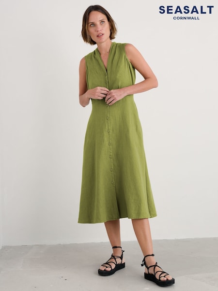 Seasalt Cornwall Green Petite Carved Wood Sleeveless 100% Linen Dress (H49135) | €109