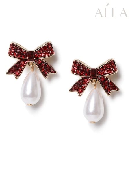 Aela Red Christmas Bow Pearl Drop Earrings (H49154) | € 14